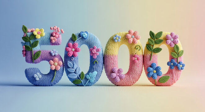 Colorful Knitted Number 5000 with Floral Decorations, Multicolored Yarn Textures for Social Media Milestone or Achievement Celebration, 3D Render