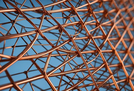 Close-up of a complex copper wire mesh lattice on a blue background, representing a Faraday cage and secure network