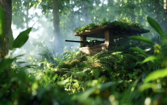 Military Outpost in Humid Weather with Rising Mist and Eye-Level Perspective