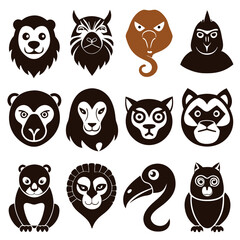 Obraz premium Twelve animal cartoon icons in black and brown flat design