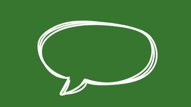 Hand drawn chalk style speech bubble animation on green screen. Chroma key comic talk bubble, scribble chat cloud doodle set for video communication and messaging.
