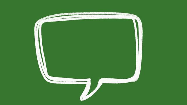 Hand drawn chalk style speech bubble animation on green screen. Chroma key comic talk bubble, scribble chat cloud doodle set for video communication and messaging.