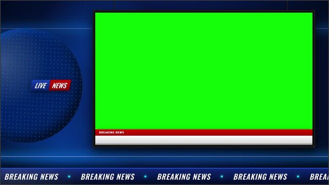 A breaking news animation displays on a modern screen with urgent updates