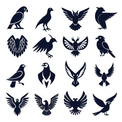 Fototapeta premium Collection of sixteen abstract bird silhouette icons on white