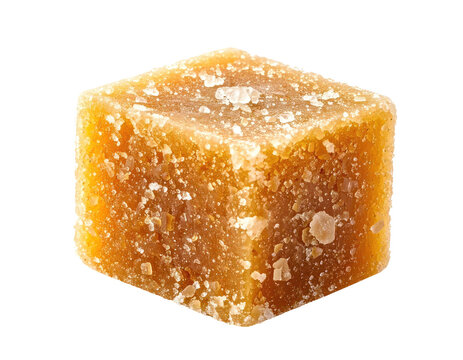 A single, rough, golden-brown cube of hardened sweetener
