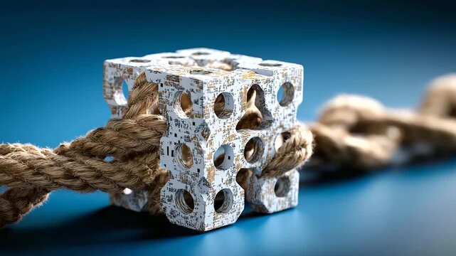 Cube tied to string symbolizing connection and structure in context of crypto staking roadmap chart, tethered investment, with copy space