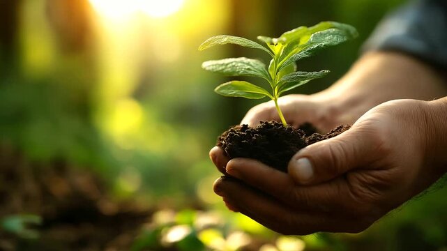 Close-up faceless hand holding sapling with rich soil, defocused lush green forest setting, warm sunlight bathing, growth sustainability and environmental conservation,