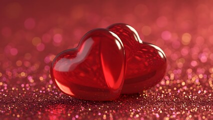 Two shiny red hearts on a sparkling pink glitter background