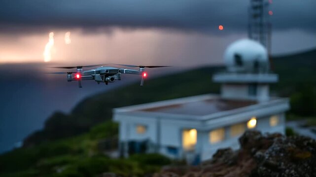 Military drone flying through stormy skies above radar installation, defocused remote island location, lightning illuminating ocean horizon, surveillance mission operations, with