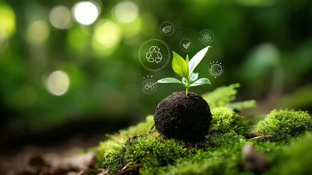 Sustainable planet earth concept, small clod of soil resting on green forest moss, defocused glowing digital icons for recycling, water conservation and plant life, with copy space