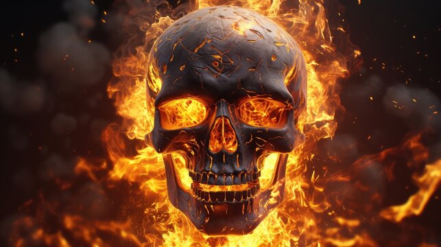 Flaming human skull with glowing fire eyes, dramatic burning skeleton head in intense orange flames, dark cinematic hellfire horror concept isolated PNG with Transparent Background