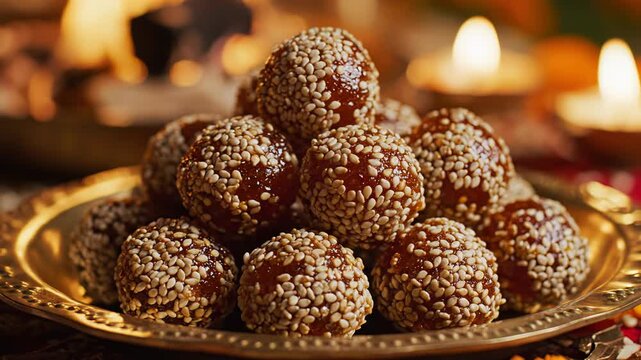 Close up of a traditional Indian sweet called Til Gul or Laddu piled high on a decorative golden plate illuminated by soft warm light from candles and a fire in the background creating a festive and