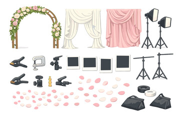 Decorative items for a wedding setup with flowers, drapes, lighting, and photo equipment in a studio setting