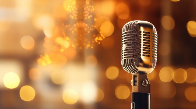 Vintage gold microphone on stage, professional retro condenser mic for podcasting and music, elegant metallic microphone with warm bokeh lights isolated PNG with Transparent Background