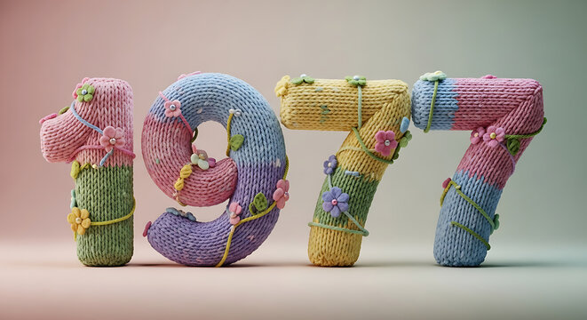 Retro 3D Knitted Numbers 1977 with Pastel Yarn Textures and Handcrafted Floral Accents on Soft Tones
