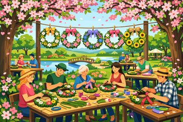 Obraz premium People make flower wreaths at a crafting event by the river in springtime among blooming trees and bright flowers with a view of a bridge