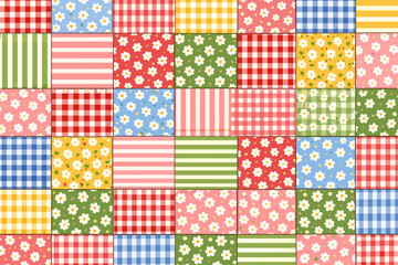 Colorful fabric squares form a patchwork pattern with checks and flowers in various colors arranged in a grid layout