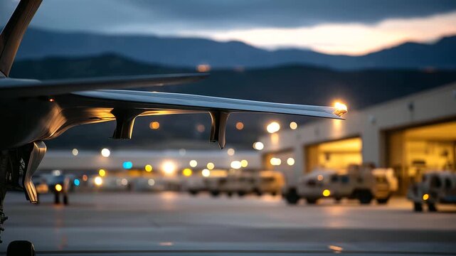 From under wing of stealth aircraft, defocused sprawling desert airbase glowing in twilight, maintenance crews working beside grounded drones and armored transports, with copy
