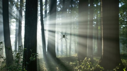 A solitary spider hangs in its web, illuminated by dramatic sunbeams piercing through a mystical forest.