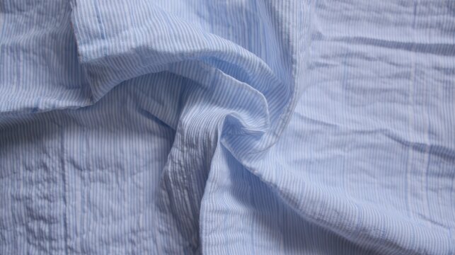 Seersucker fabric, puckered striped cotton texture, light blue and white, summer suit fabric