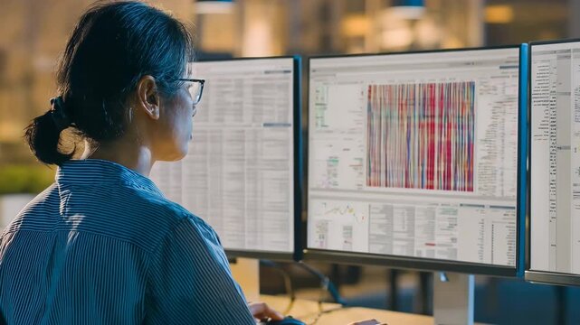 Medium shot of a data specialist managing batch AI background reports showcasing streamlined processing of multiple identity histories simultaneously.