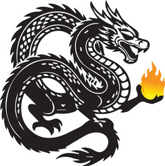 Fototapeta premium Majestic Black Dragon Vector Illustration with Fire Ball - Mythical Eastern Serpent Tattoo Style Art
