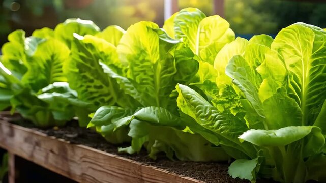 Organic romaine lettuce in sunlit garden bed &ndash; eco-friendly salad growing, healthy lifestyle, natural vitamin-rich crop for home use or farmer's market.