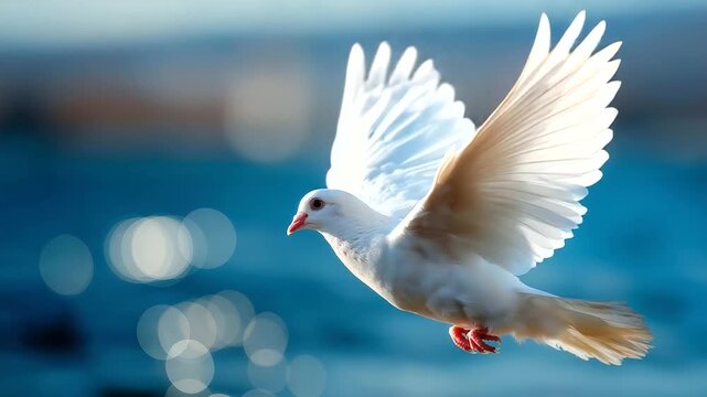 Majestic white dove soaring gracefully, defocused calm blue sky background, freedom and hope representation, peaceful flight, spiritual symbolism, with copy space