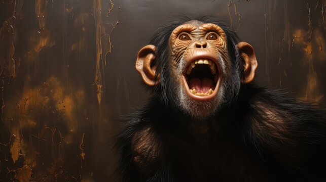 Expressive chimpanzee screaming with open mouth, emotional primate portrait, vocalizing wild chimpanzee against dark textured background isolated PNG with Transparent Background