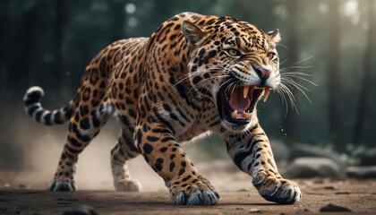 Obraz premium A leopard is aggressively running through a forest, displaying its sharp teeth. The leopard's striking coat is visible as it moves swiftly through the underbrush.