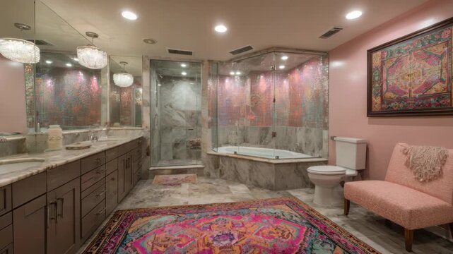 Medium shot of a stylish bathroom remodel featuring intricate tile work with vibrant patterns enhancing the wall and floor surfaces for a bold artistic appeal.