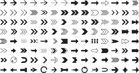 Naklejka premium A comprehensive collection of diverse black arrow icons and symbols indicating direction and movement on a white background