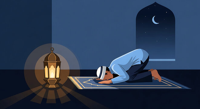 muslim man praying at night prostrating on a prayer mat in a serene room illuminated by a ramadan lantern reflecting spiritual devotion.