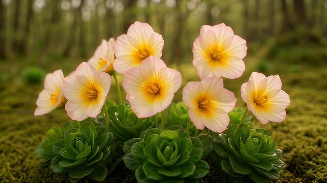 Cluster of dainty pale pink and yellow flowers in a mossy forest
