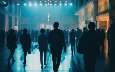 Silhouettes of People Walking in a Brightly Lit Hallway