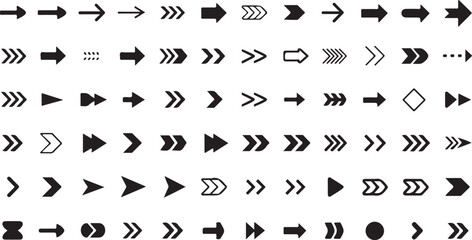 Fototapeta premium A comprehensive collection of diverse black arrow icons pointing right on a clean white background for navigation