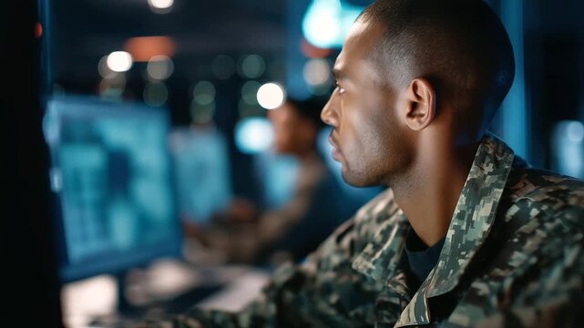 Faceless joint operations agent analyzing classified intelligence, defocused multiple computer terminals, subtle screen reflections, tense high-security atmosphere, security