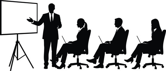 Silhouette vector illustration of business meeting presentation with team members using laptops, professional training seminar, corporate communication concept.