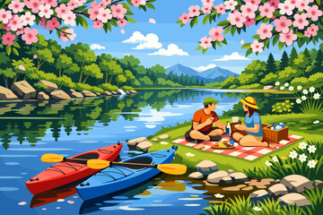 Fototapeta premium Couple enjoys a picnic by the river while kayaks rest on the shore in a green area during a sunny day