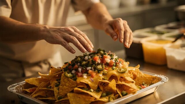 Concession worker carefully layering nachos with cheese and toppings in a softly blurred quiet preparation setting.