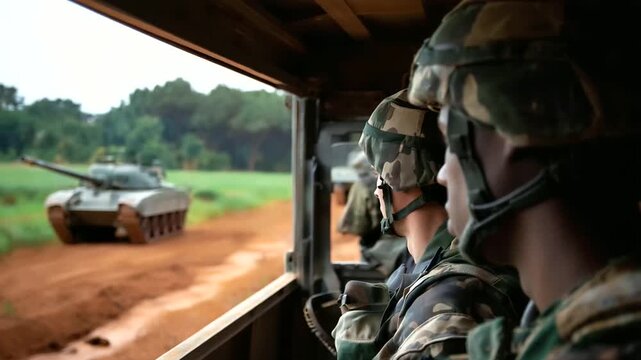 Peering out through rifle rack inside mobile command unit, faceless soldiers marching in formation, defocused red clay training field, tanks parked background, tactical