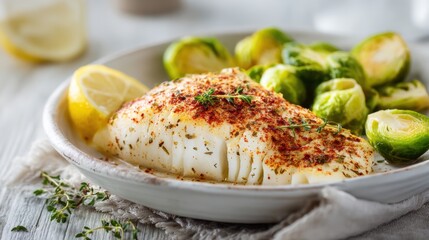 A delicious baked cod fillet seasoned with paprika and garlic, served with brussels sprouts and lemon
