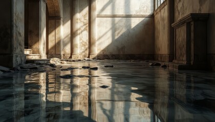 Naklejka premium a flooded interior with water covering the floor. Light streams through openings, casting shadows on the water's surface and the surrounding ruins.