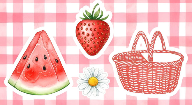Summer picnic sticker set with watercolor strawberry watermelon basket and daisy on gingham background