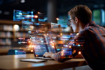 Innovative Library Scene with Floating Holographic Data Streams in Action