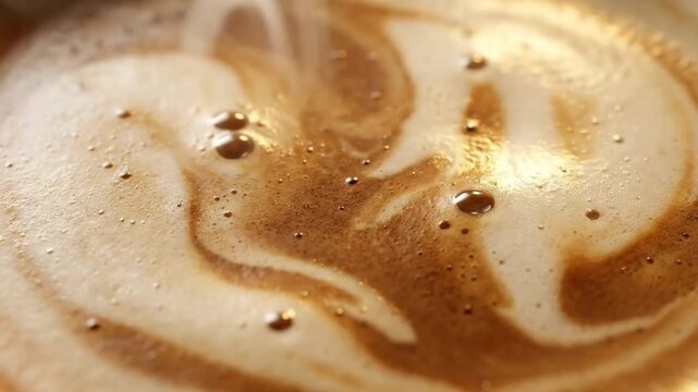 Close up macro shot reveals beautiful rich brown swirling latte art foam with tiny bubbles glistening brightly