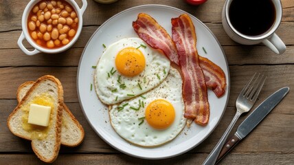 A hearty full English breakfast featuring fried eggs, crispy bacon, baked beans, and buttered toast.
