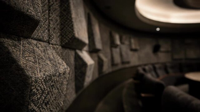 Focused view on patterned fabriccovered diffusers being adjusted on a curved auditorium wall dark tones create a cozy atmosphere with blurred surroundings.