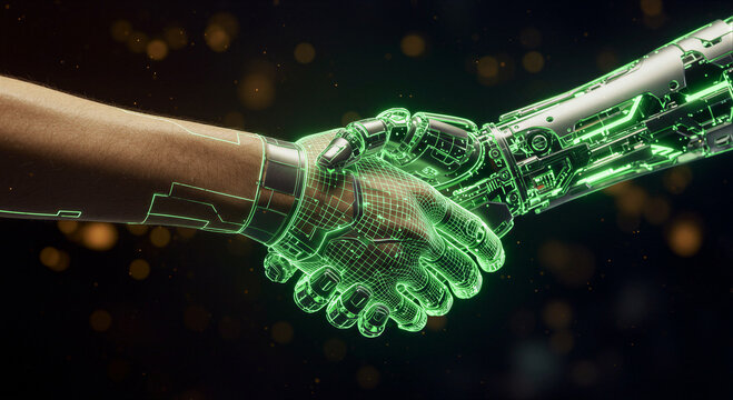 Human hand shaking robotic hand with green neon glow. Symbol of partnership between people and artificial intelligence. Futuristic technology collaboration and human machine interaction in digital