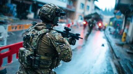 Obraz premium Soldier Engaged in Combat in Rainy Weather with Protective Barriers Surrounding
